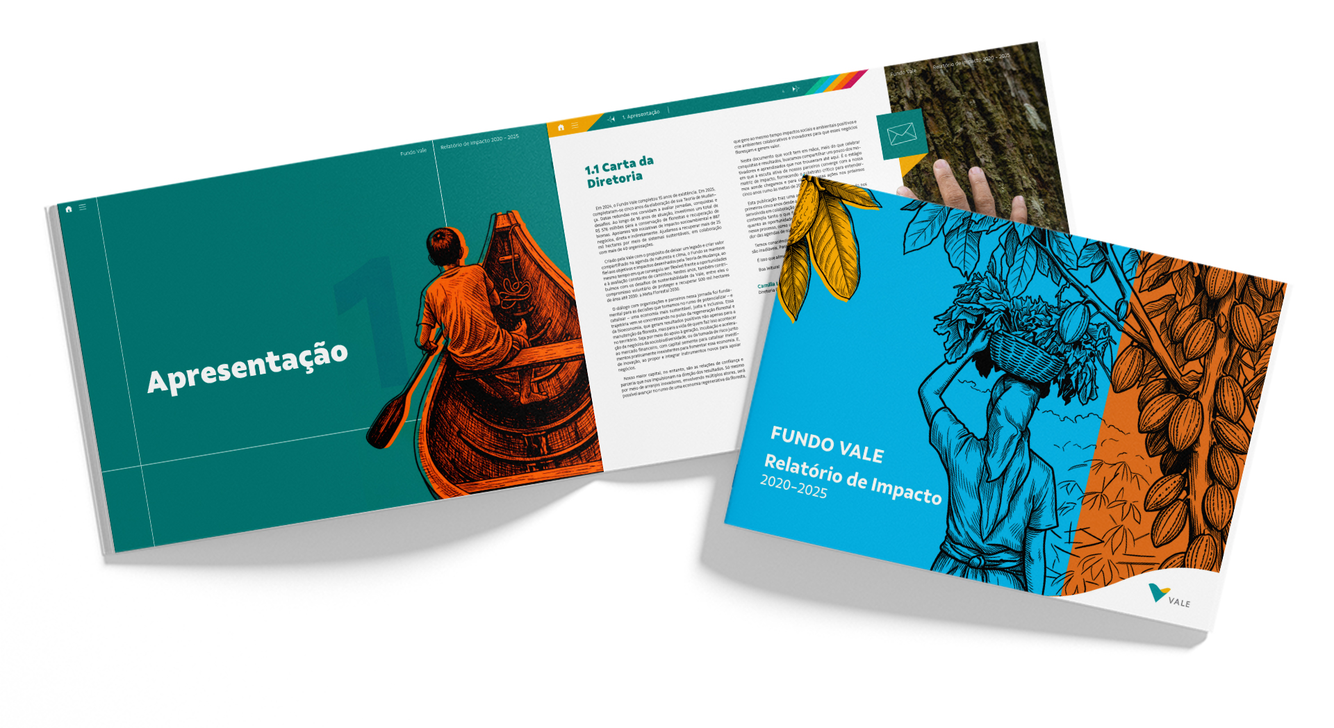 Mockup do Relatório de Impacto Fundo Vale 2025, com a capa e páginas internas de apresentação.