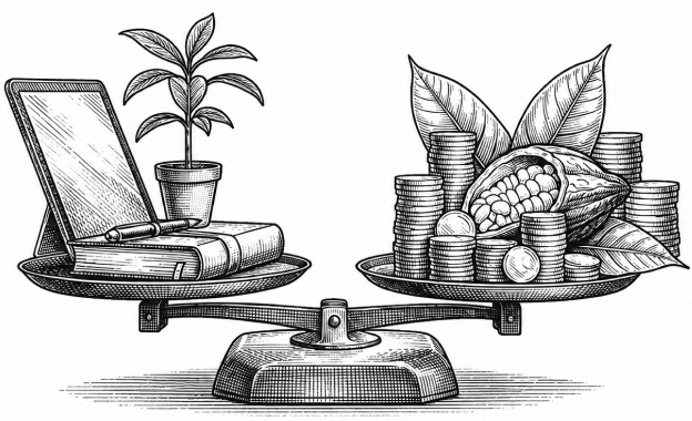 Balança equilibrando conhecimento e tecnologia de um lado e recursos da
sociobiodiversidade do outro.